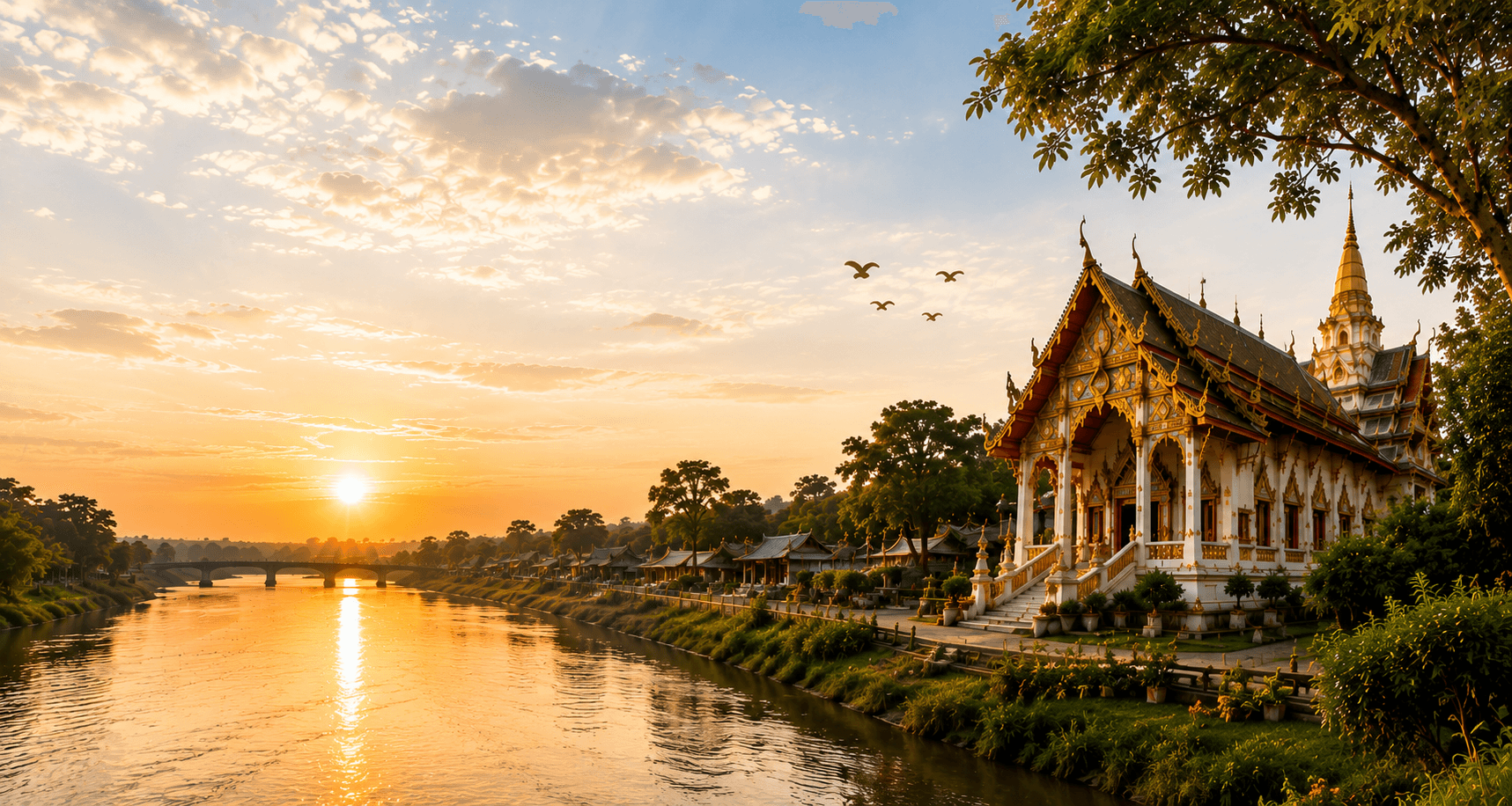 วัดไทยริมแม่น้ำในตำบลพุ่มแกช่วงพระอาทิตย์ตก